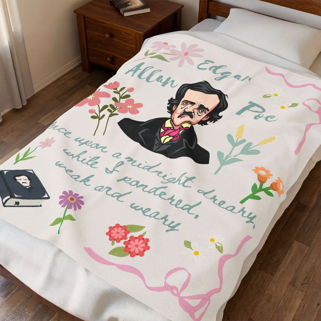 Edgar Allan Poe Reading Blanket Literary Gift for Readers Cozy Book Lover Throw Gothic Author Design with Floral Details