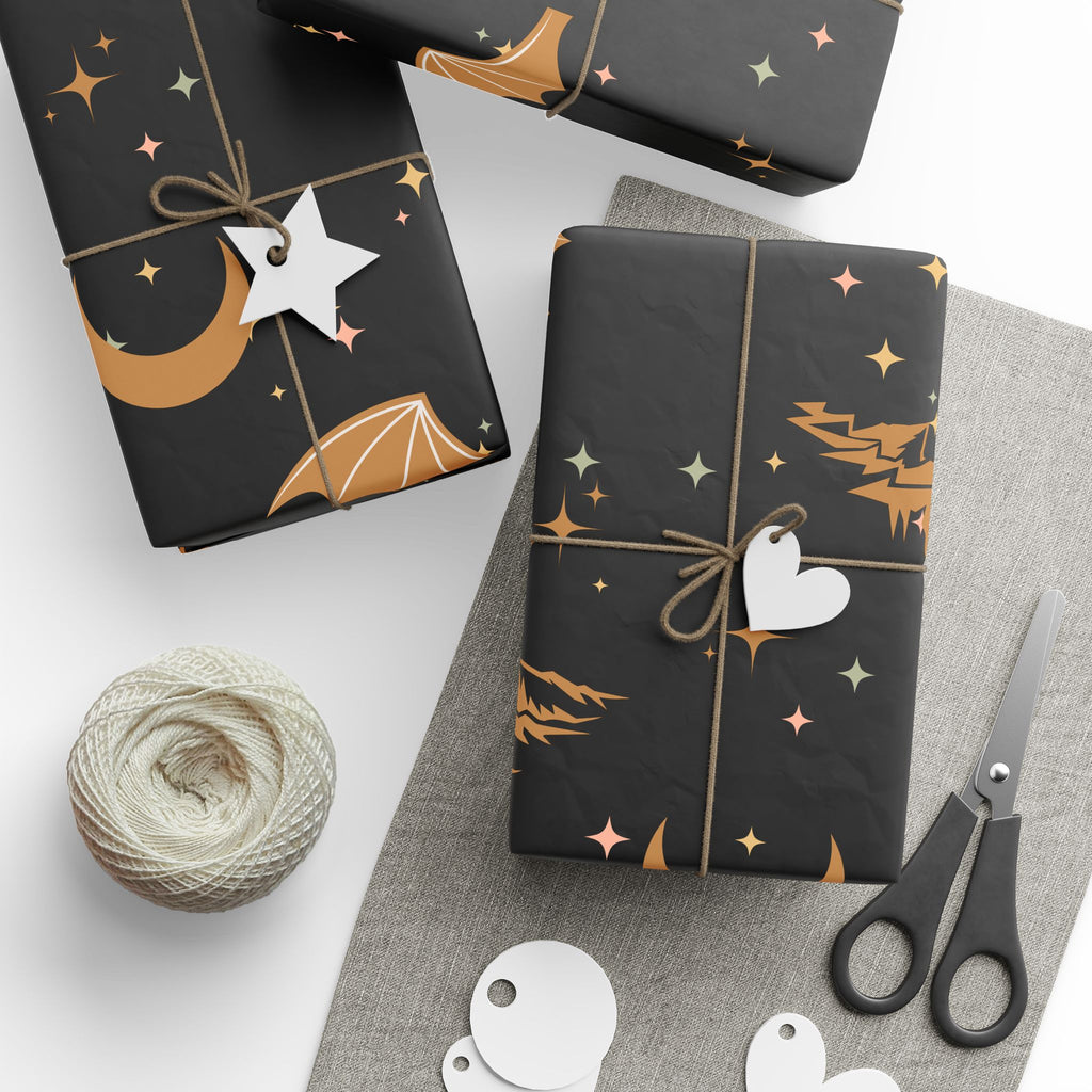 ACOTAR Themed Night Court Wrapping Paper Design Wing Pattern Star Theme Rhysand Gift Wrap Black Gold Decor Mountain Art Fantasy Gift Wrap