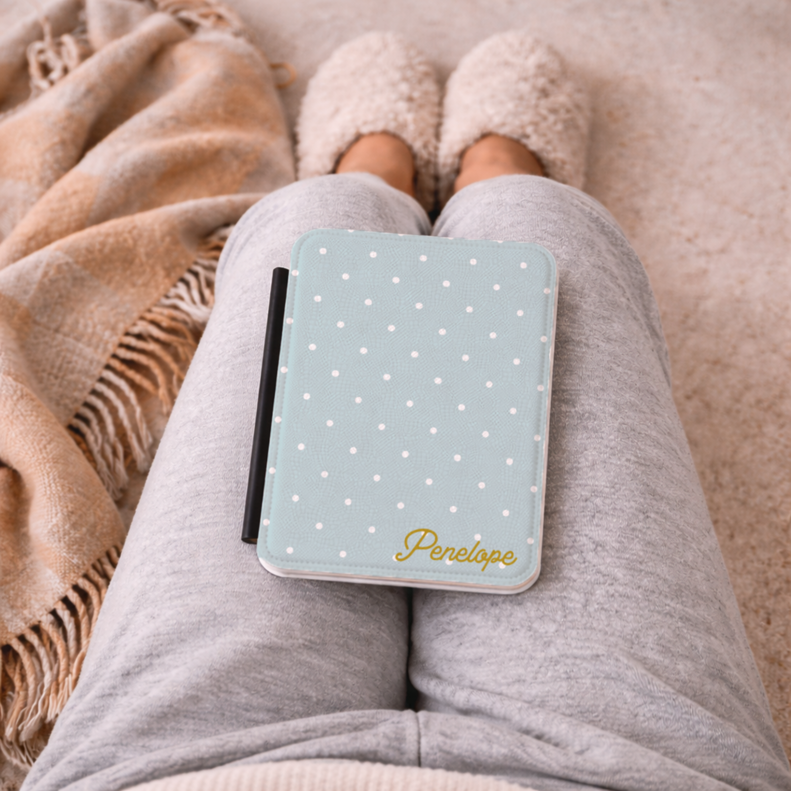 Kindle Paperwhite Case Fits Seven Inch Models 2024 2025 Custom Name Personalized Design Sage Green Mint Navy Polka Dot Pattern Hand Strap Magnetic Closure Sleep Wake Feature Soft TPU Shell Grey Fabric Lining Premium Protection Book Reader