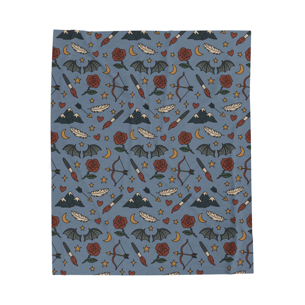 Cozy Velveteen Blanket with Velaris-Inspired Night Sky Pattern Blue Throw with Mountains Bookish Gift for Readers Book Nook Reading Blanket
