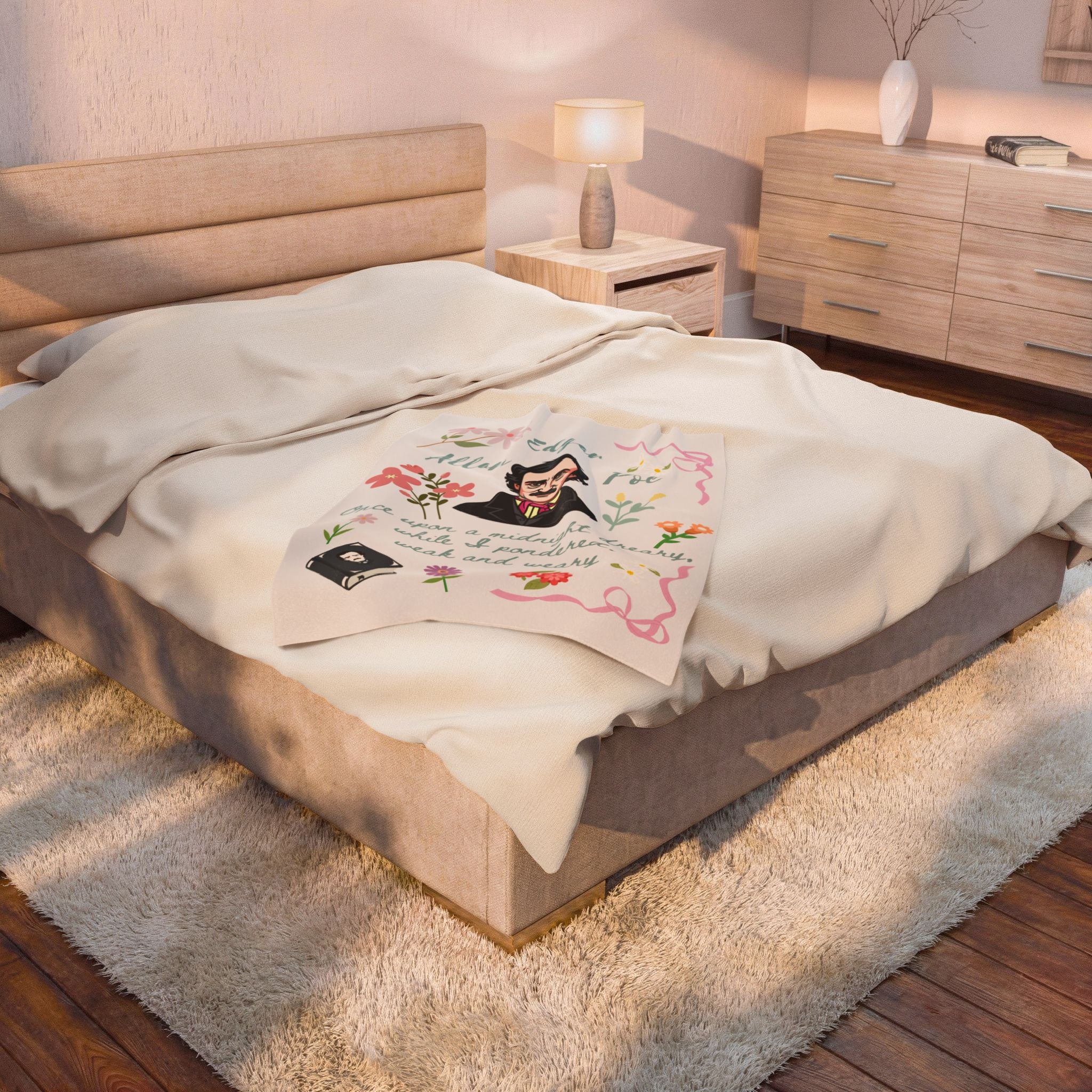Edgar Allan Poe Reading Blanket Literary Gift for Readers Cozy Book Lover Throw Gothic Author Design with Floral Details