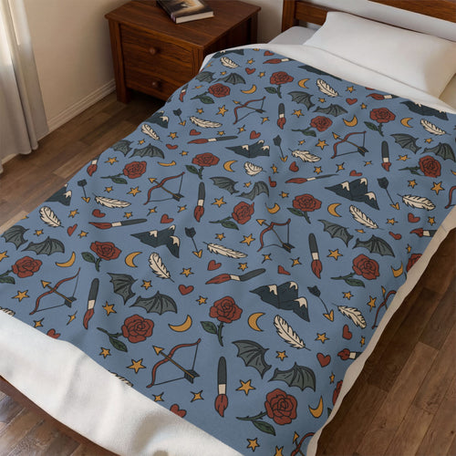 Cozy Velveteen Blanket with Velaris-Inspired Night Sky Pattern Blue Throw with Mountains Bookish Gift for Readers Book Nook Reading Blanket