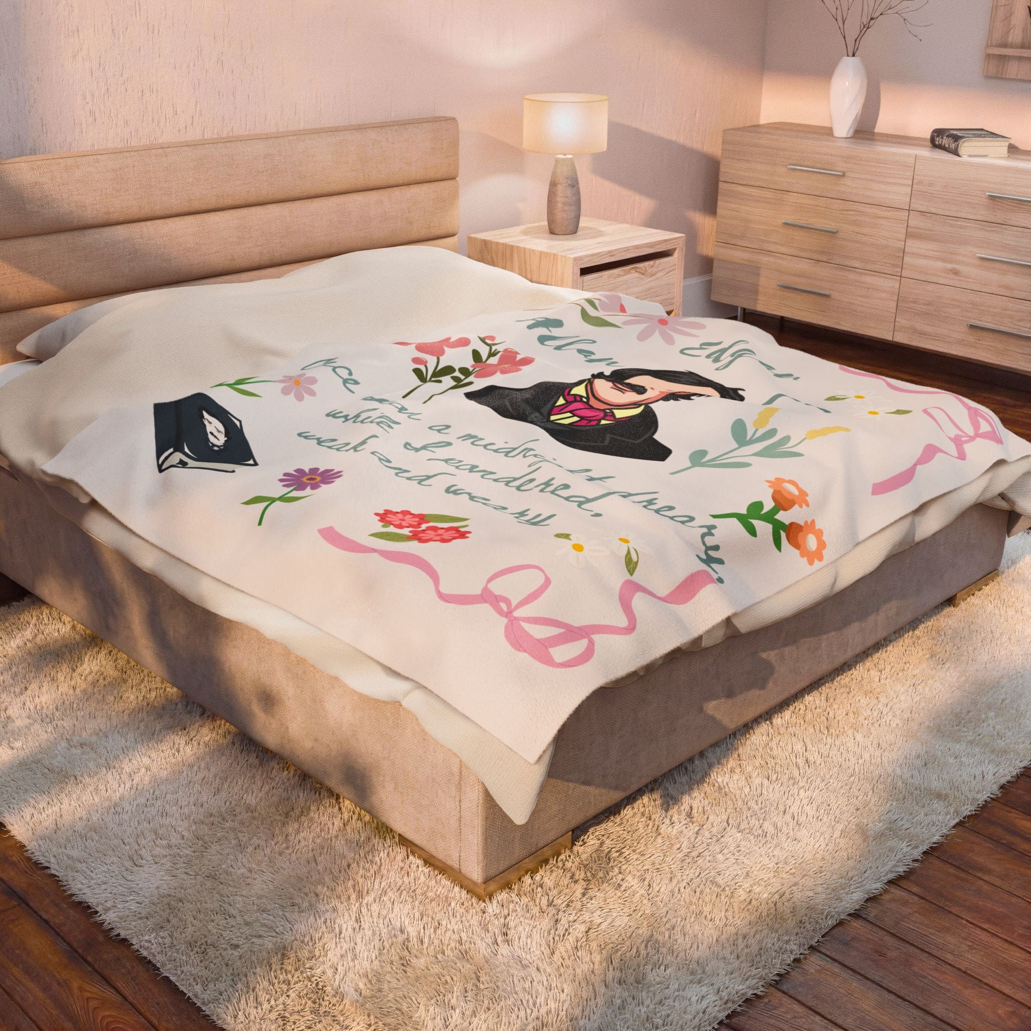Edgar Allan Poe Reading Blanket Literary Gift for Readers Cozy Book Lover Throw Gothic Author Design with Floral Details