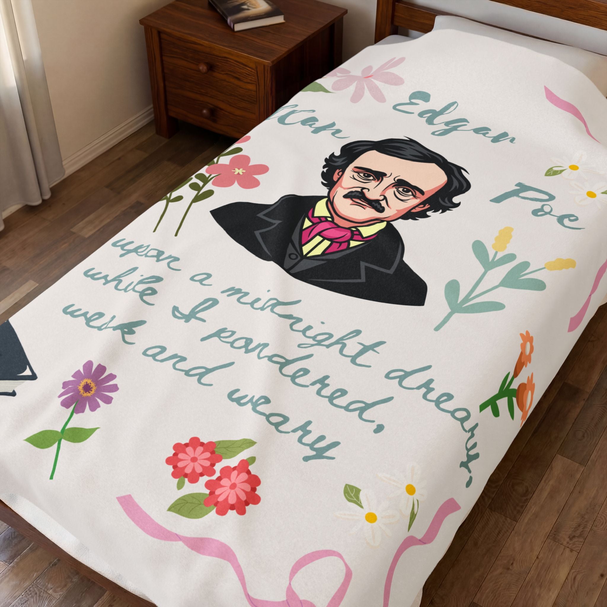 Edgar Allan Poe Reading Blanket Literary Gift for Readers Cozy Book Lover Throw Gothic Author Design with Floral Details