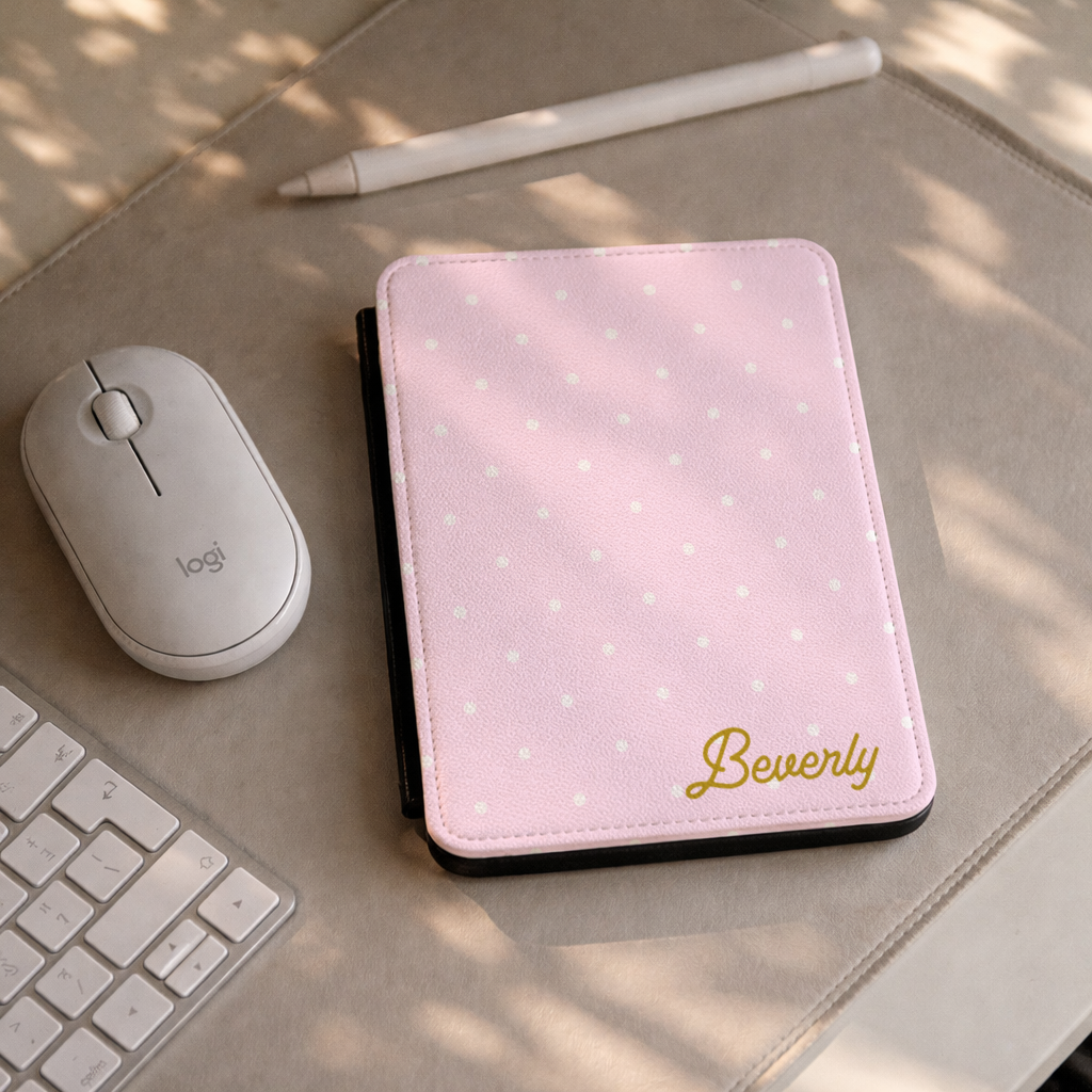 Personalized Kindle Case Custom Name Gold Script Pink Polka Dot Design Hand Strap Included Magnetic Closure Feature Sleep Wake Function Soft TPU Shell Protection PU Leather Saffiano Texture Premium Quality Construction Perfect Reader