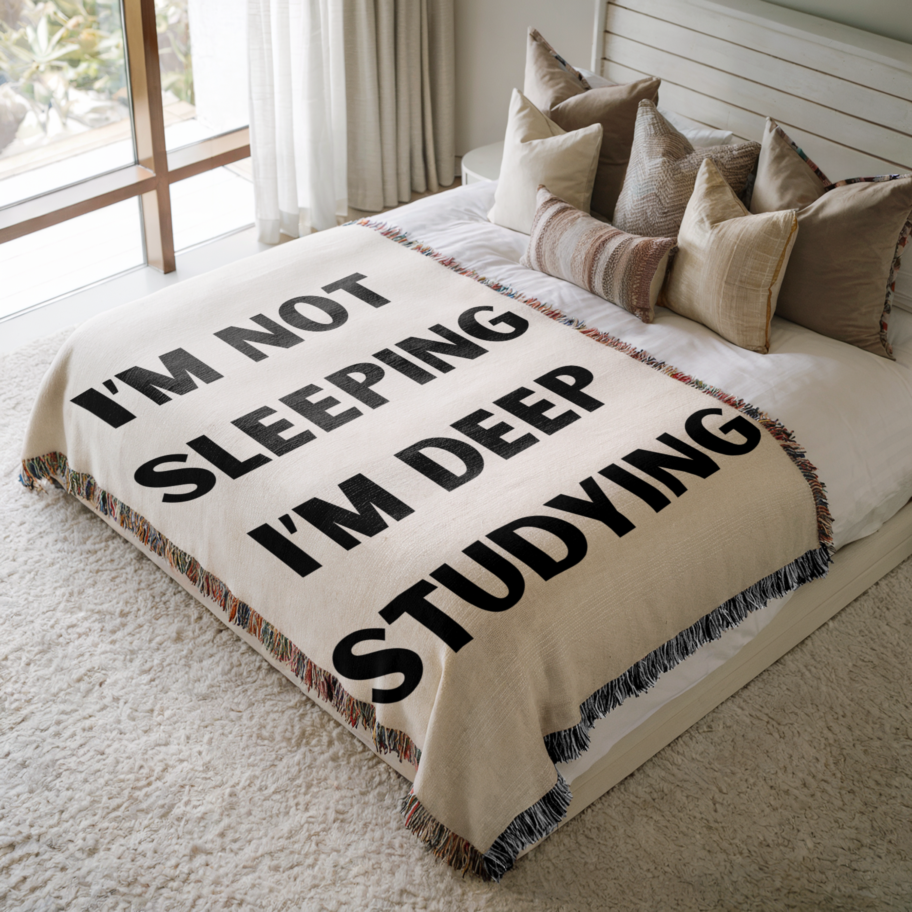 College Dorm Blanket Woven Cotton Throw Funny Study Message Perfect Student Gift Cream Background Design Black Text Letters Fringe Trim Accent Cozy Dorm Room Essential Comfortable Study Sessions Soft Material Construction Humorous College