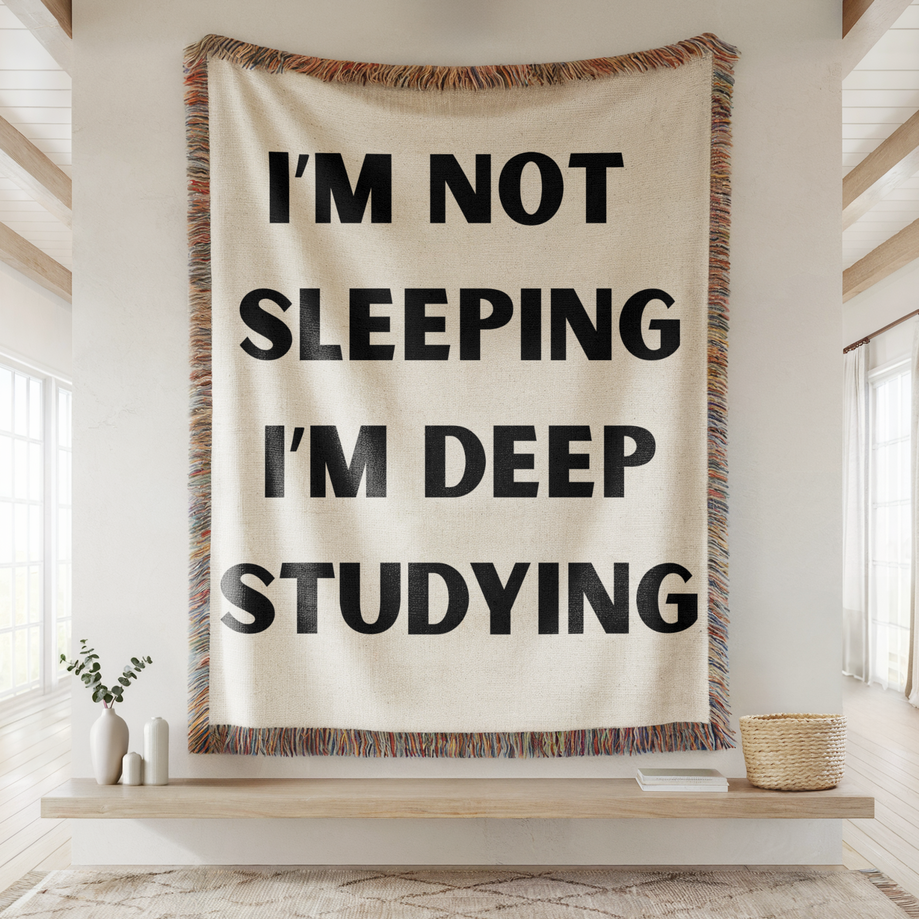 Woven Cotton Throw Blanket Student Gift Perfect Dorm Room Essential Funny Deep Studying Text Message Cream Background Design Black Letters Fringe Trim Details Soft Comfortable Material Cozy Study Sessions College Life Present Back To School