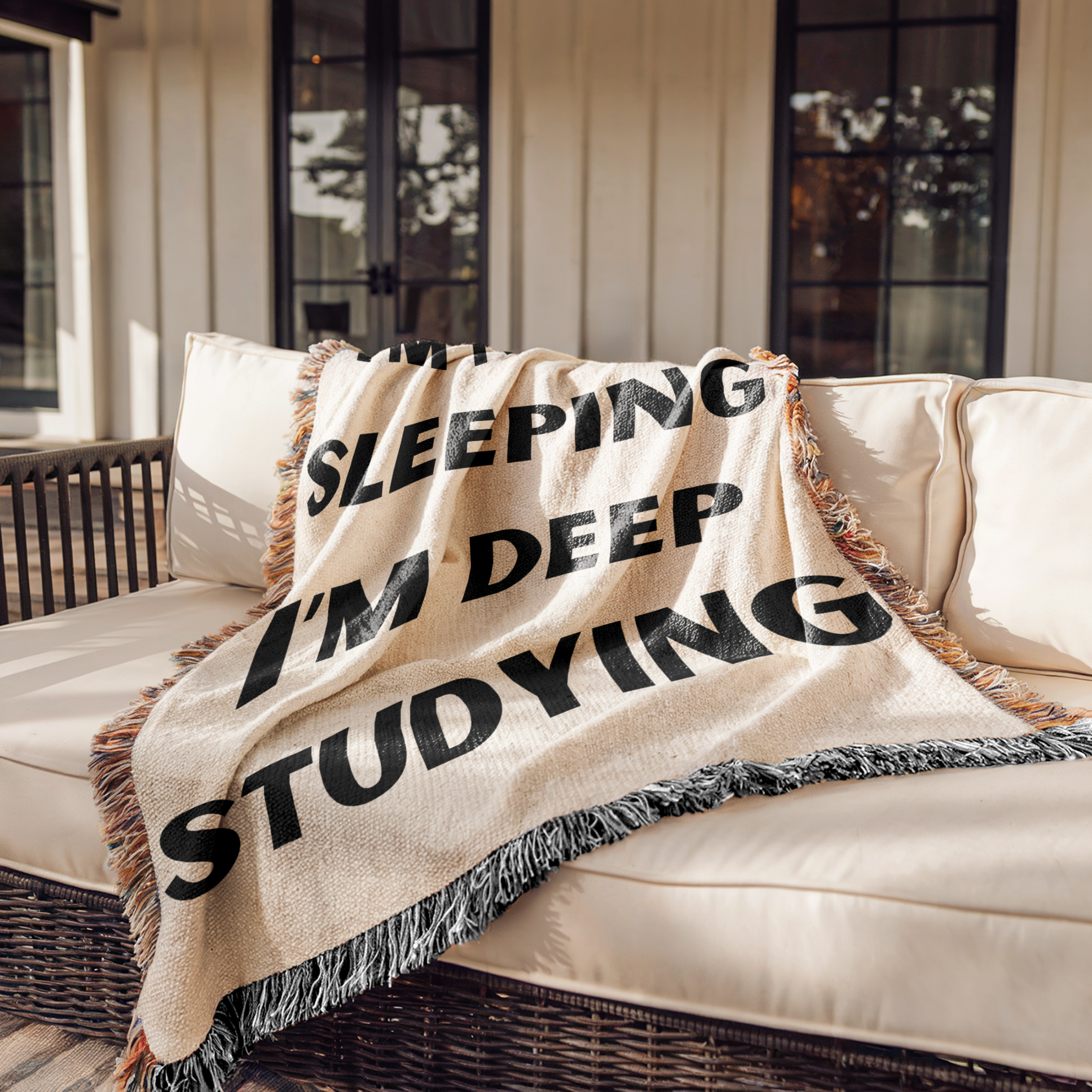 Student Gift Blanket Funny Study Message Woven Cotton Throw Perfect College Dorm Essential Cream Background Black Text Design Fringe Trim Accent Cozy Comfort Sessions Soft Material Construction Humorous Present Idea Student Life Essential
