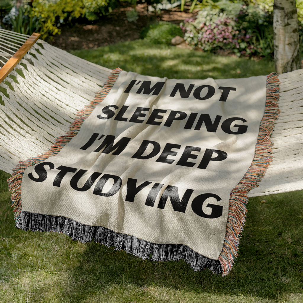 Humorous College Blanket Woven Cotton Throw Student Gift Perfect Dorm Room Essential Deep Studying Message Design Cream Background Black Letters Fringe Trim Details Soft Comfortable Material Cozy Study Sessions Late Night Comfort Student
