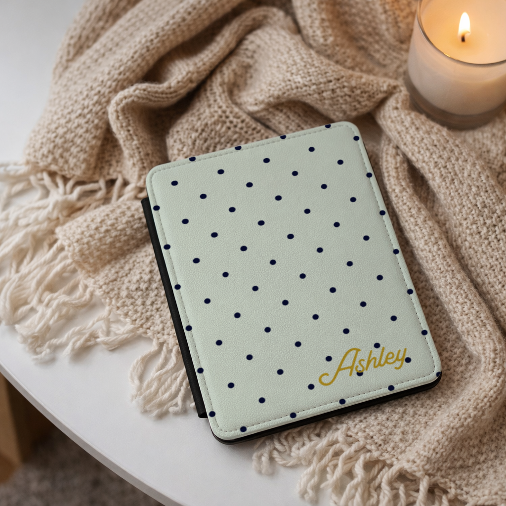 Custom Kindle Paperwhite Case Personalized Name Design Gold Script Lettering Sage Green Mint Background Navy Blue Polka Dot Pattern Perfect Gift Book Lover Reader Present Hand Strap Included Magnetic Closure Sleep Wake Function Soft TPU