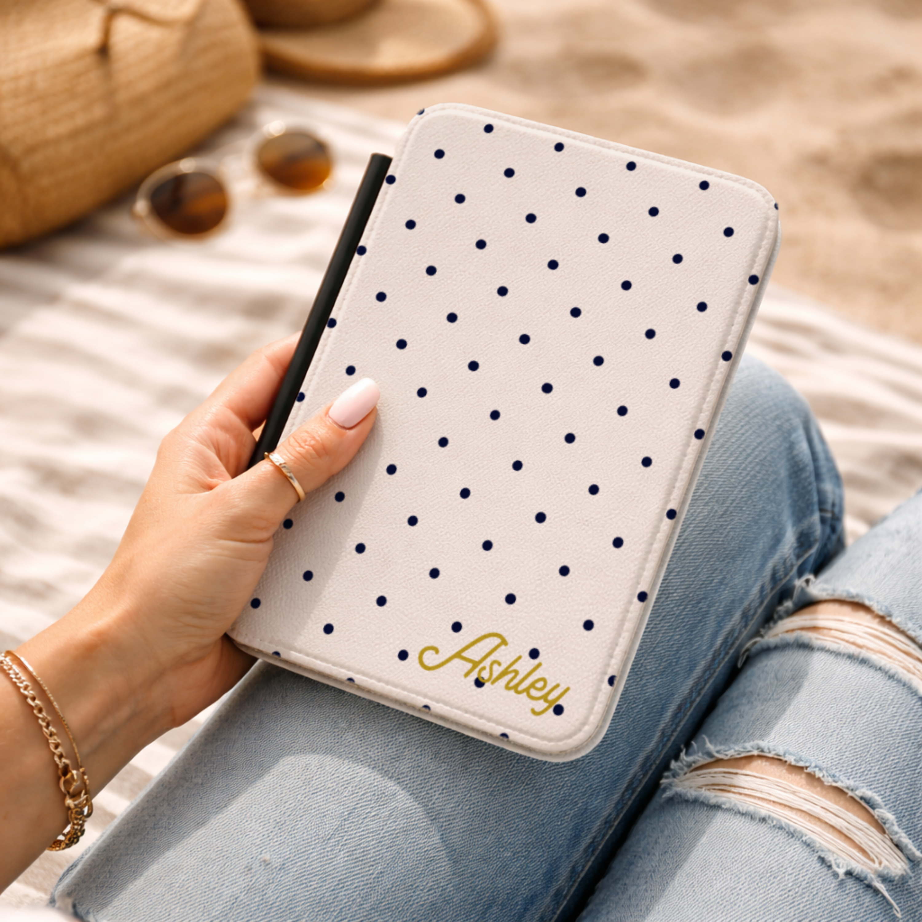 Beige Kindle Case Navy Blue Polka Dot Pattern Design Custom Name Personalized Gold Script PU Leather Saffiano Texture White Satin Front Cover Black Textured Back Hand Strap Magnetic Closure Sleep Wake Feature Grey Fabric Lining