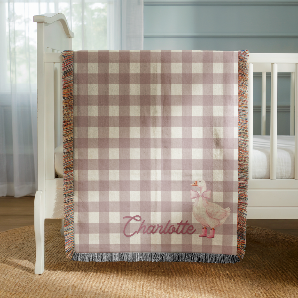 Personalized Baby Blanket Custom Name Embroidery Pink Gingham Pattern Girl Nursery Essential Watercolor Goose Illustration Pink Bow Detail Colorful Fringe Edges Soft Cotton Woven Construction Baby Shower Gift Girl Newborn Present Keepsake