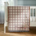 Personalized Baby Blanket Custom Name Embroidery Pink Gingham Pattern Girl Nursery Essential Watercolor Goose Illustration Pink Bow Detail Colorful Fringe Edges Soft Cotton Woven Construction Baby Shower Gift Girl Newborn Present Keepsake