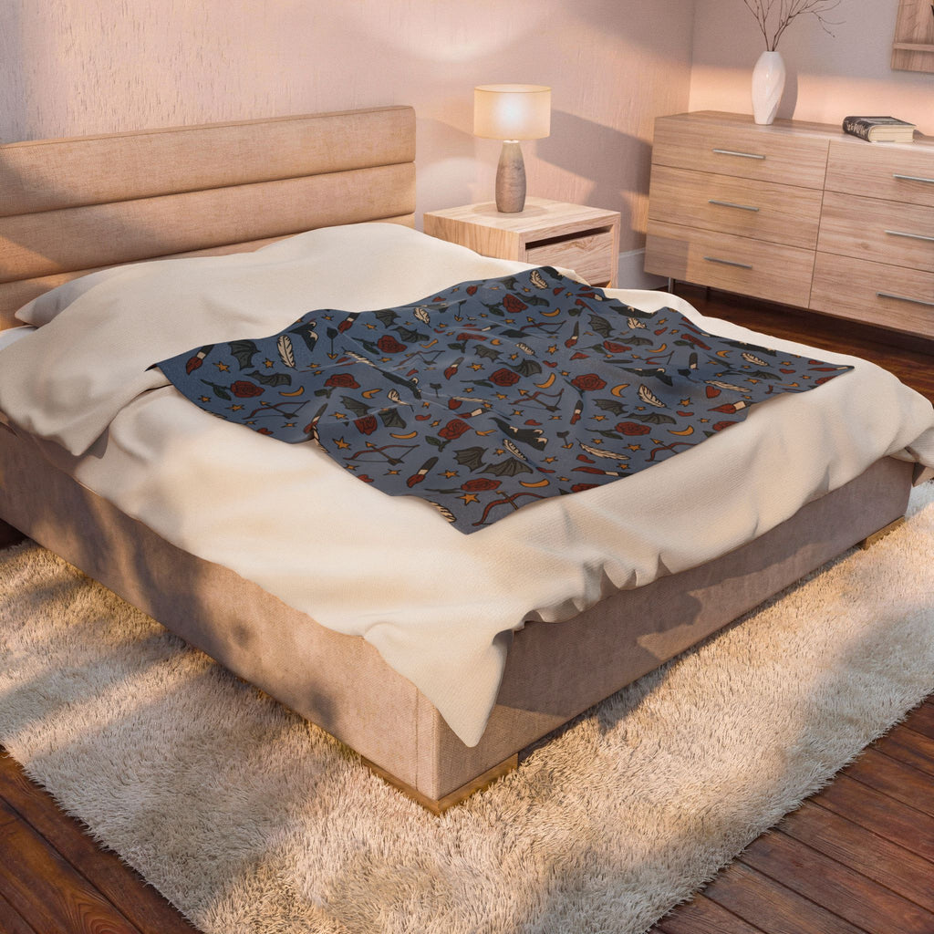 Cozy Velveteen Blanket with Velaris-Inspired Night Sky Pattern Blue Throw with Mountains Bookish Gift for Readers Book Nook Reading Blanket