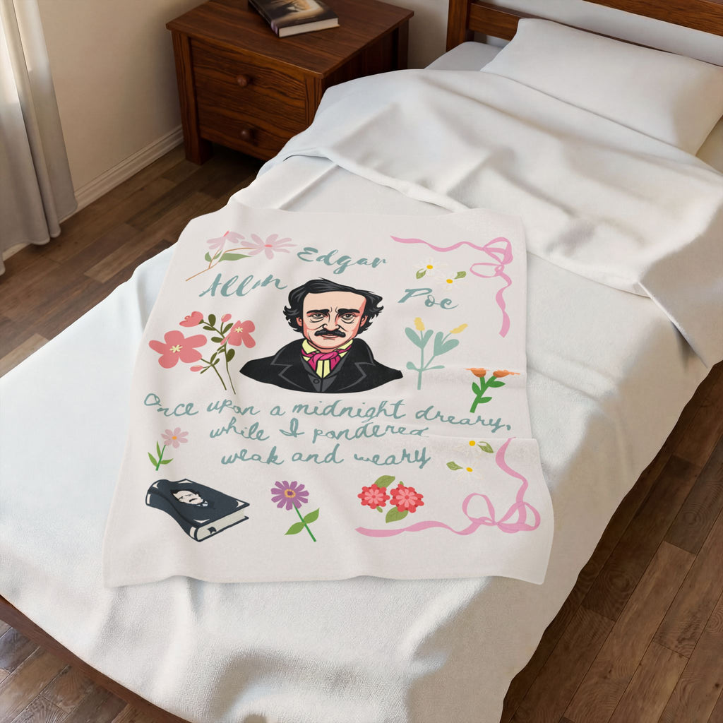 Edgar Allan Poe Reading Blanket Literary Gift for Readers Cozy Book Lover Throw Gothic Author Design with Floral Details