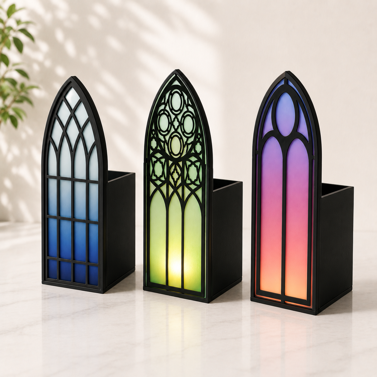 Gothic Bookmark Holder Cathedral Window Design Stained Glass Pattern Three Piece Set Black Frame Colored Glass Cup Holder Back Perfect Book Lover Gift Reading Accessories Desk Organization Display 3D Printed PLA Construction Medieval