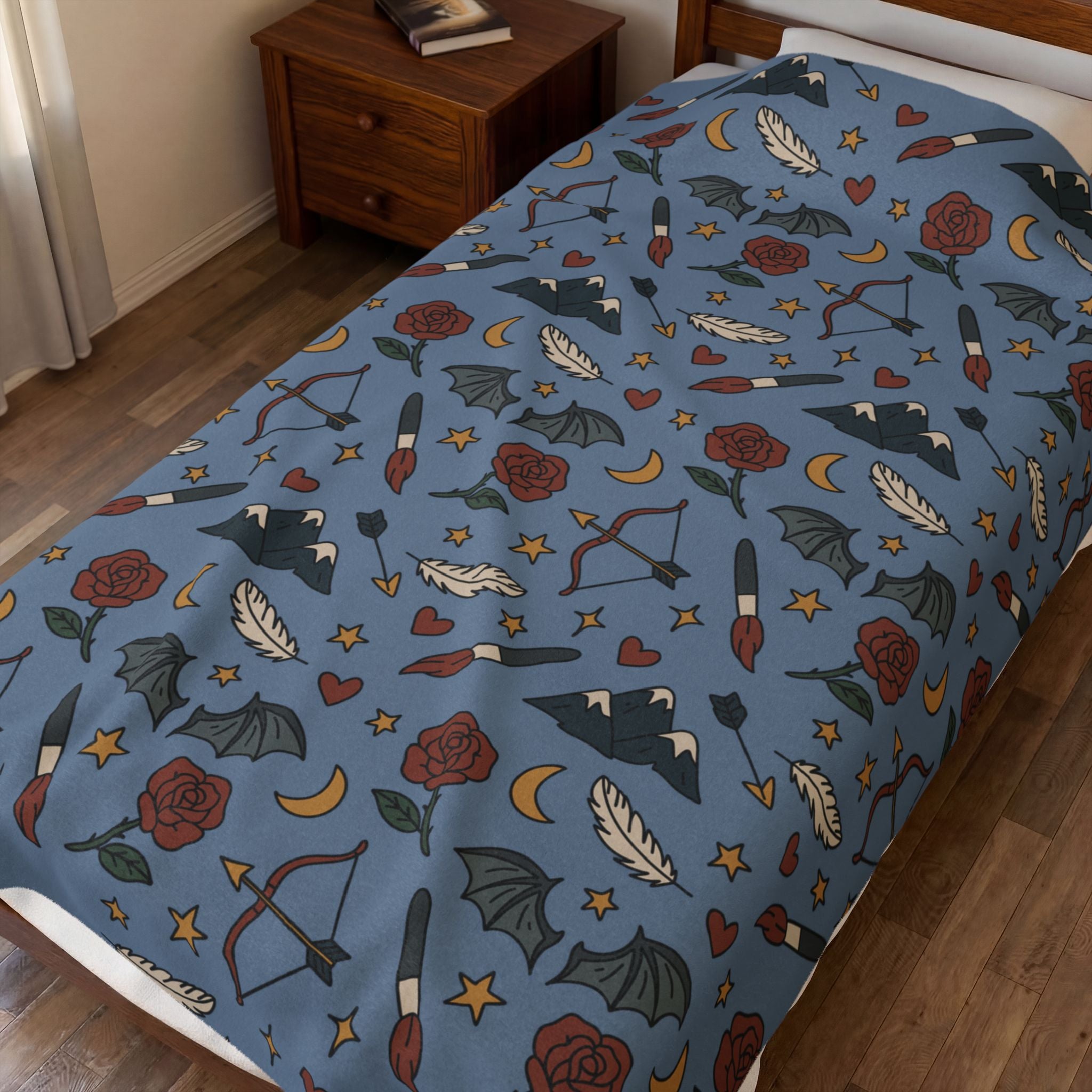 Cozy Velveteen Blanket with Velaris-Inspired Night Sky Pattern Blue Throw with Mountains Bookish Gift for Readers Book Nook Reading Blanket