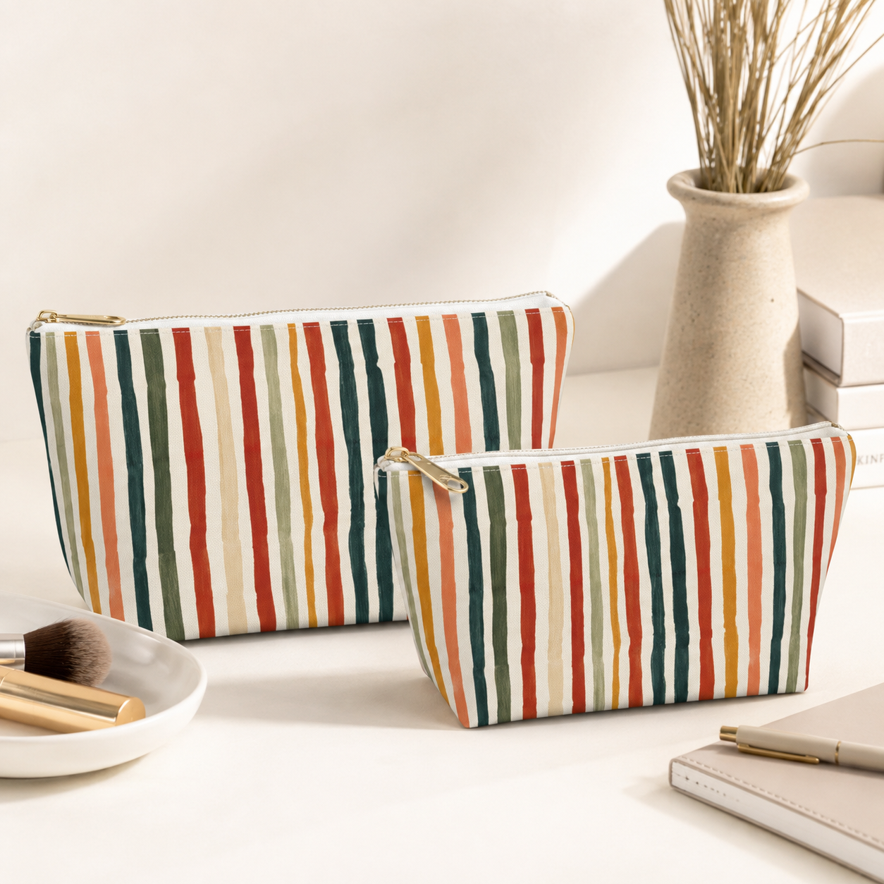 Striped Makeup Bag – Zippered Travel Organizer with Wrist Strap