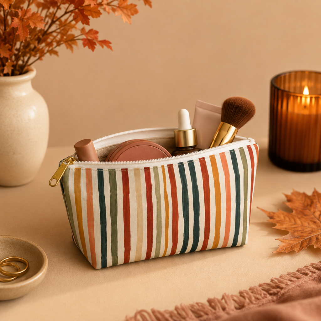 Striped Makeup Bag – Zippered Travel Organizer with Wrist Strap