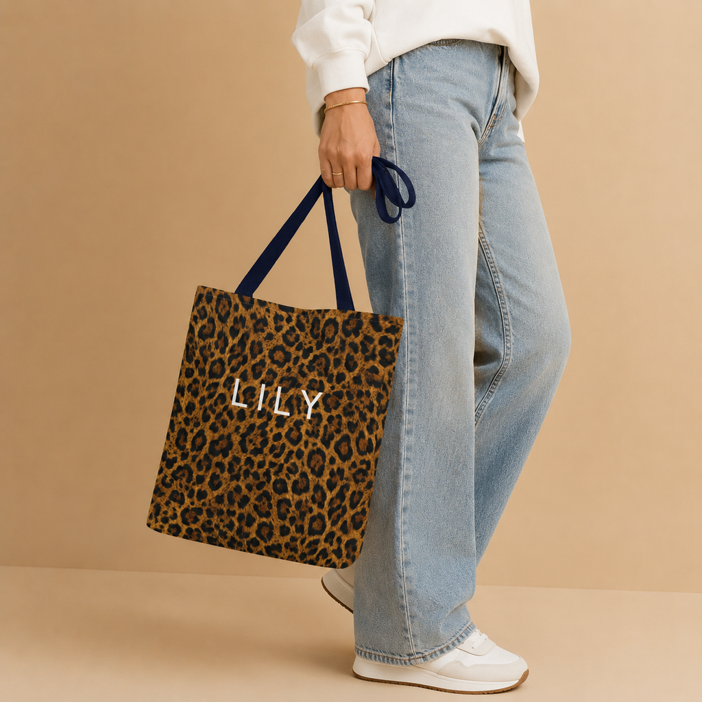 Leopard Print Tote Bag Custom Name Personalization Trendy Animal Print Pattern Fashionable Shopping Bag Monogram White Text Chic Carryall Design Stylish Beach Bag Gym Storage Everyday Accessory Reusable Shopping Bag Perfect Gift Birthday