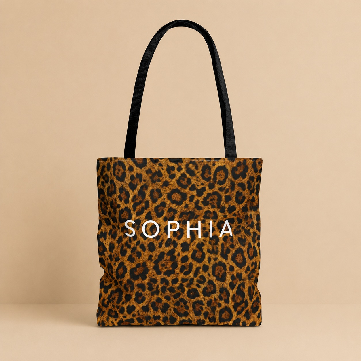 Custom Name Tote Bag Personalized Monogram Design Leopard Print Shopping Bag Versatile Carryall Beach Gym Storage Everyday Use Reusable Shopping Bag Durable Polyester Fabric Cotton Handles Trendy Animal Print Pattern Perfect Birthday Gift