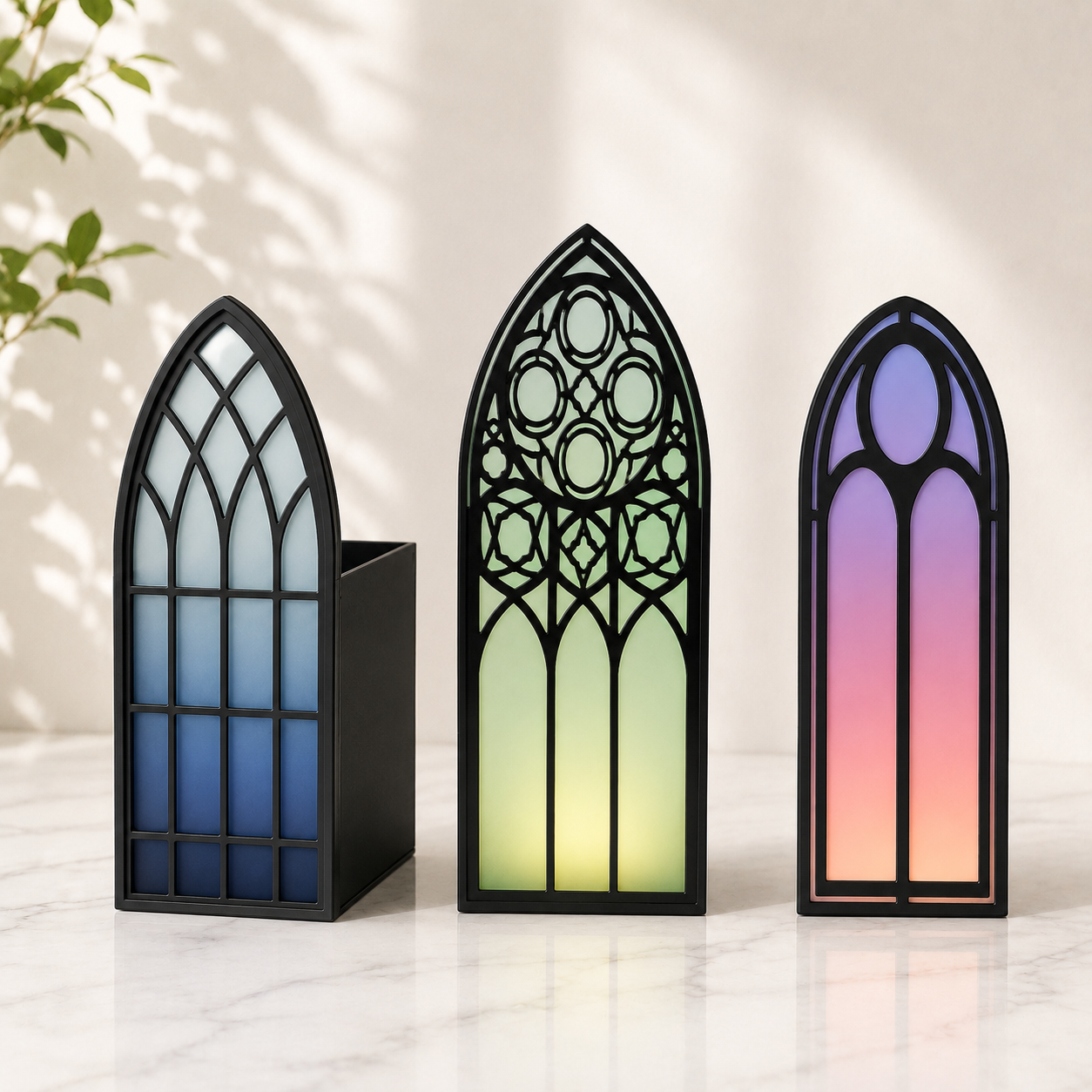 Stained Glass Bookmark Holder Gothic Cathedral Window Design Three Piece Collection Black Frame Colored Pattern Cup Holder Back Book Lover Gift Perfect Reading Accessories Desk Organization Display Medieval Architecture Inspired 3D Printed