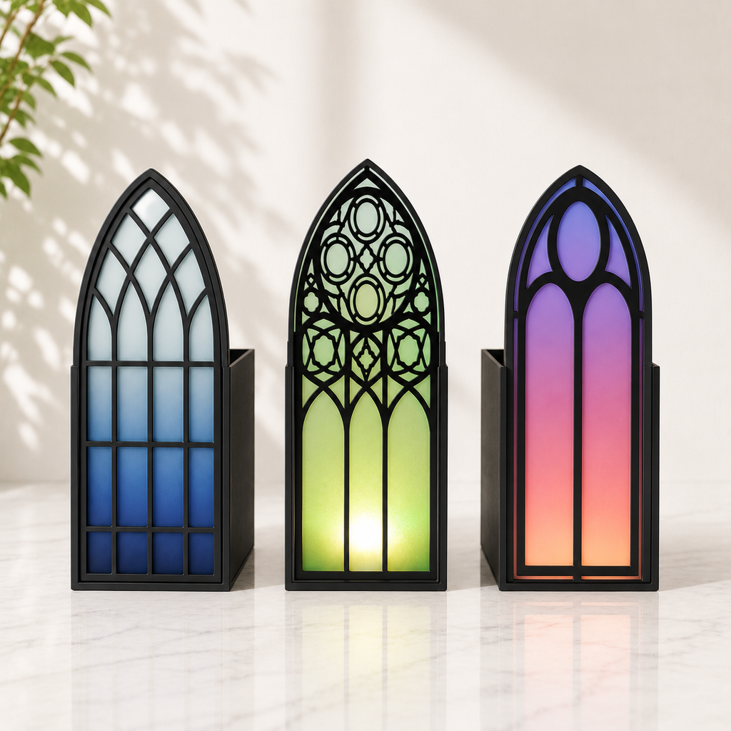 Gothic Bookmark Holder – Cathedral Window Design with Stained Glass, 3-piece Set