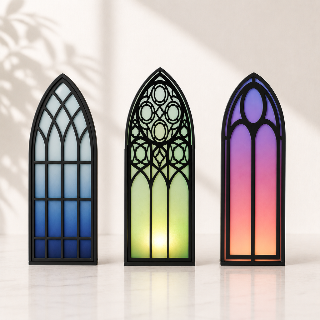 Gothic Bookmark Holder – Cathedral Window Design with Stained Glass, 3-piece Set