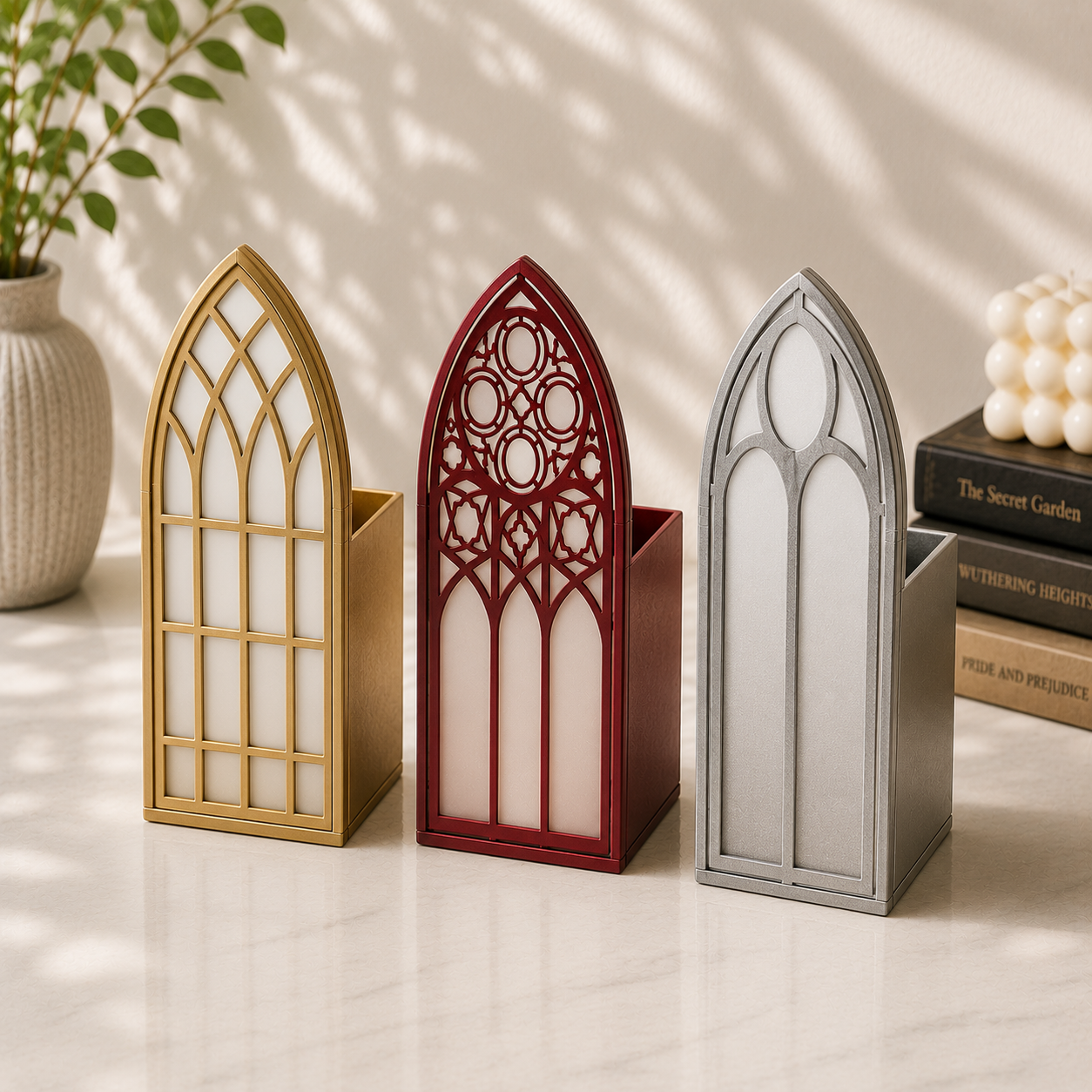 Gothic Bookmark Holder – Cathedral Window Design with Stained Glass, 3-piece Set