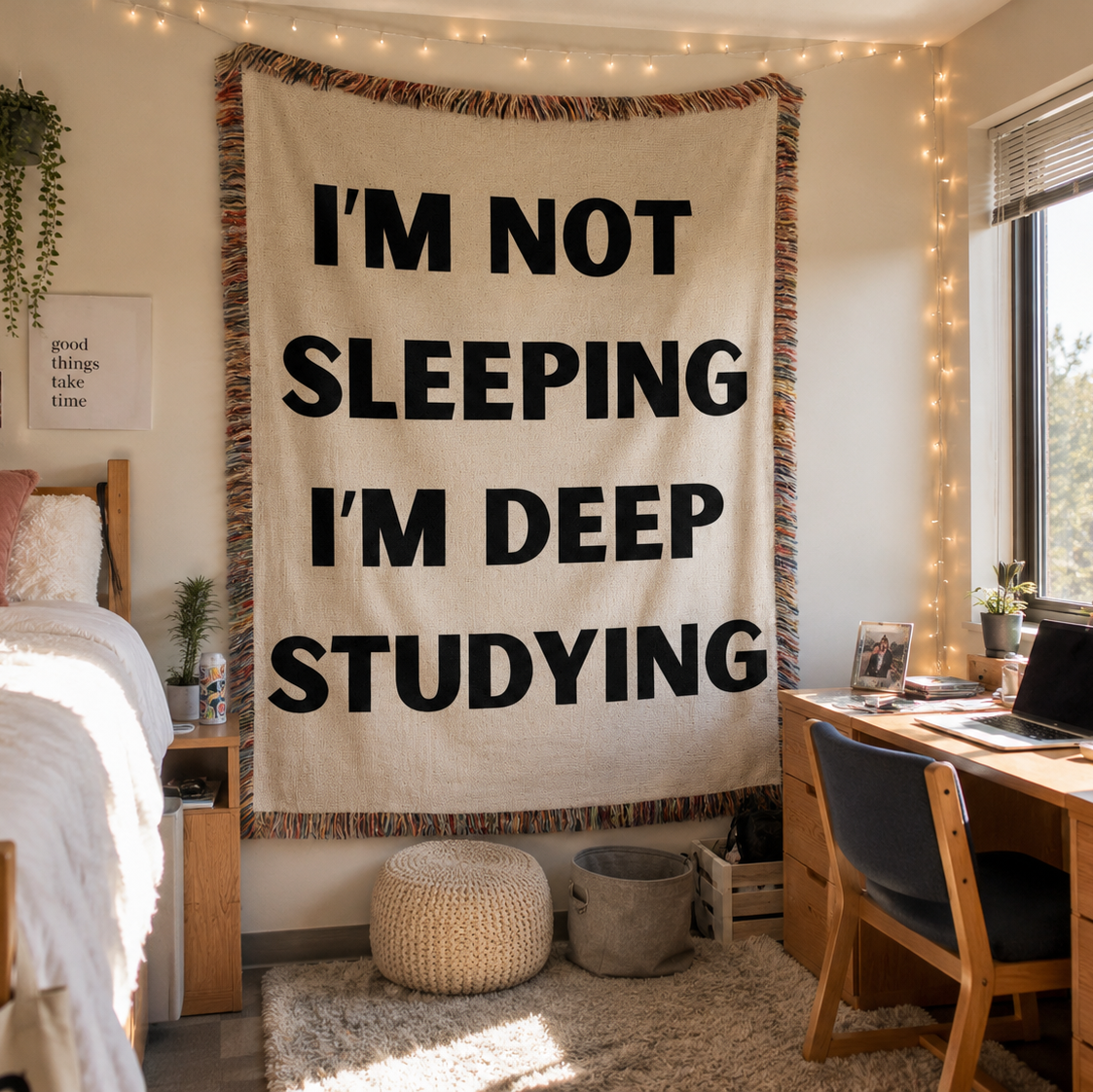 Funny Student Blanket Woven Cotton Throw Perfect College Dorm Gift Deep Studying Message Humorous Text Design Cream Background Black Letters Fringe Trim Details Cozy Study Sessions Late Night Comfort Soft Material Construction Student Life