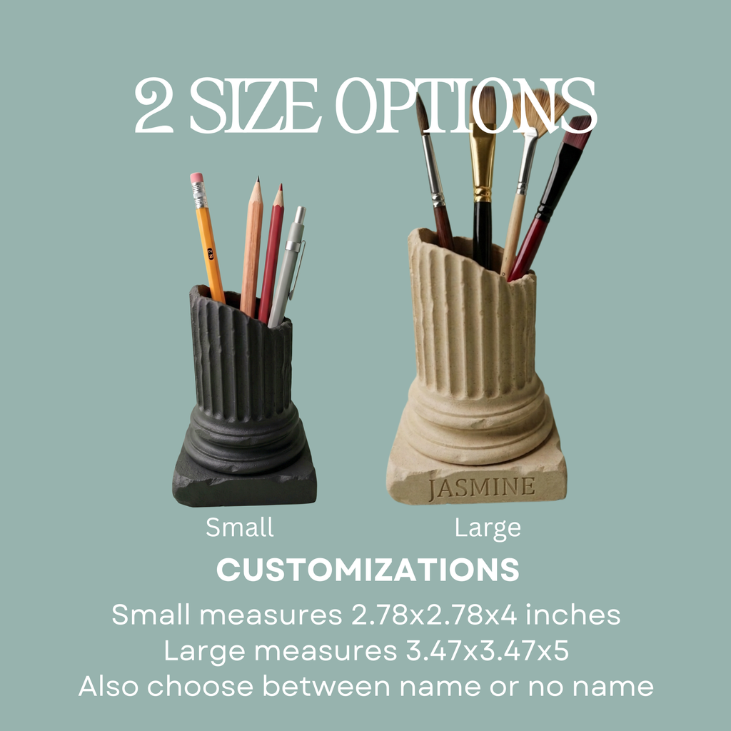 Decorative column pencil cup holding art brushes and creative tools, personalized with a custom engraved name for teachers, artists, and students.