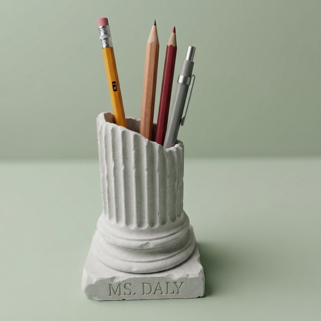 Greek-inspired pen and pencil holder customized with a name, ideal for teacher appreciation gifts, classroom décor, and office organization.