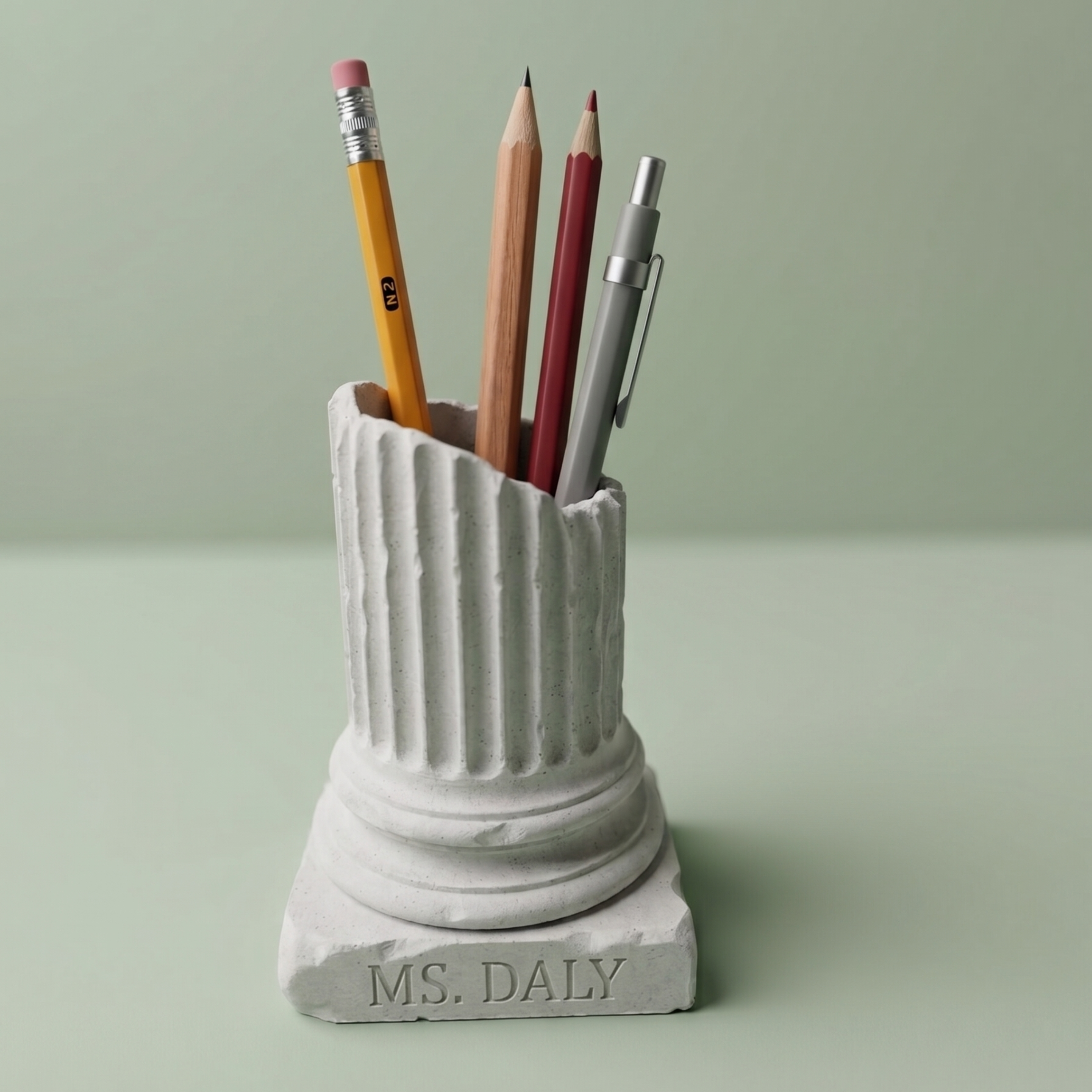 Greek-inspired pen and pencil holder customized with a name, ideal for teacher appreciation gifts, classroom décor, and office organization.