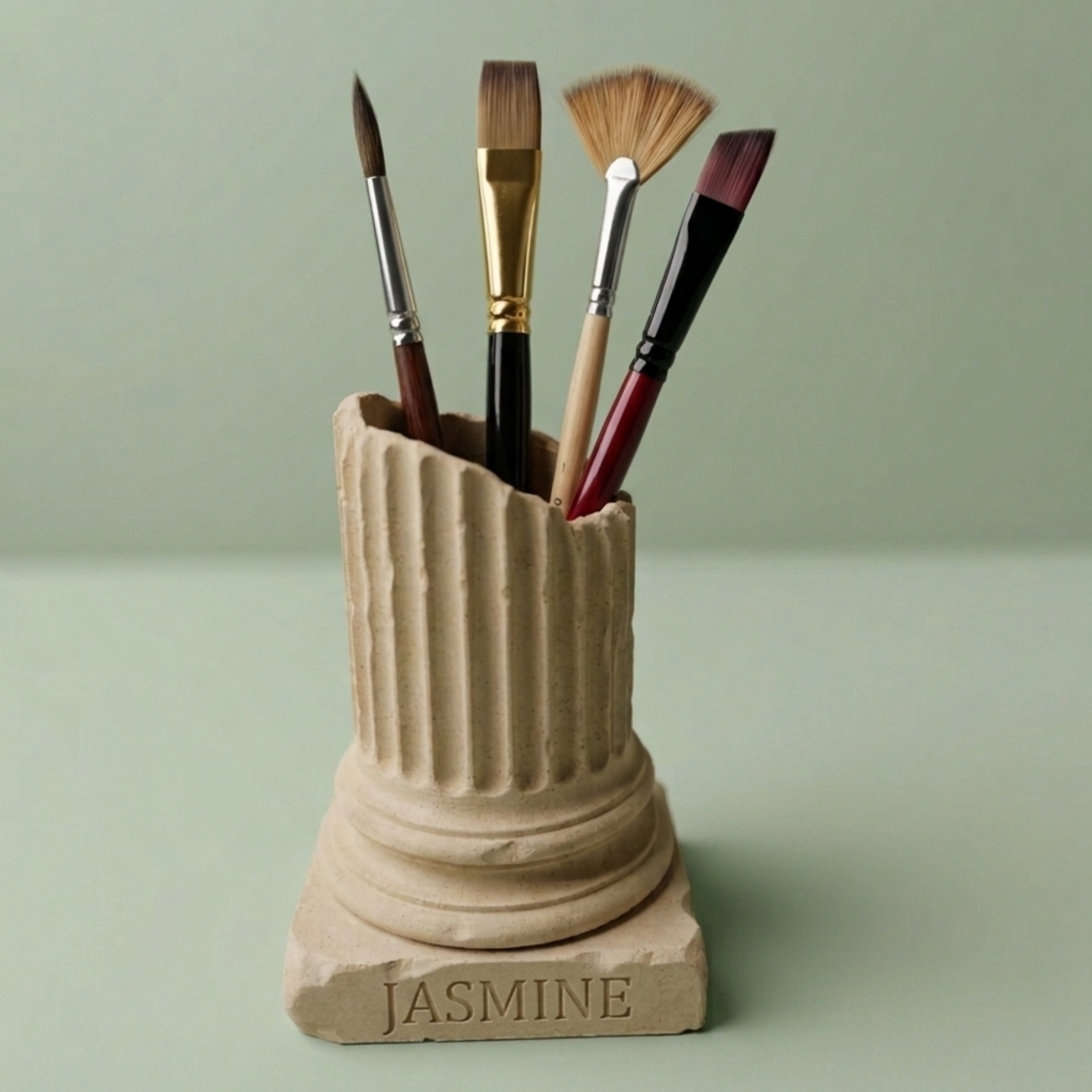 Personalized teacher desk organizer with engraved name on the base, styled with pencils and stationery against a soft neutral background.