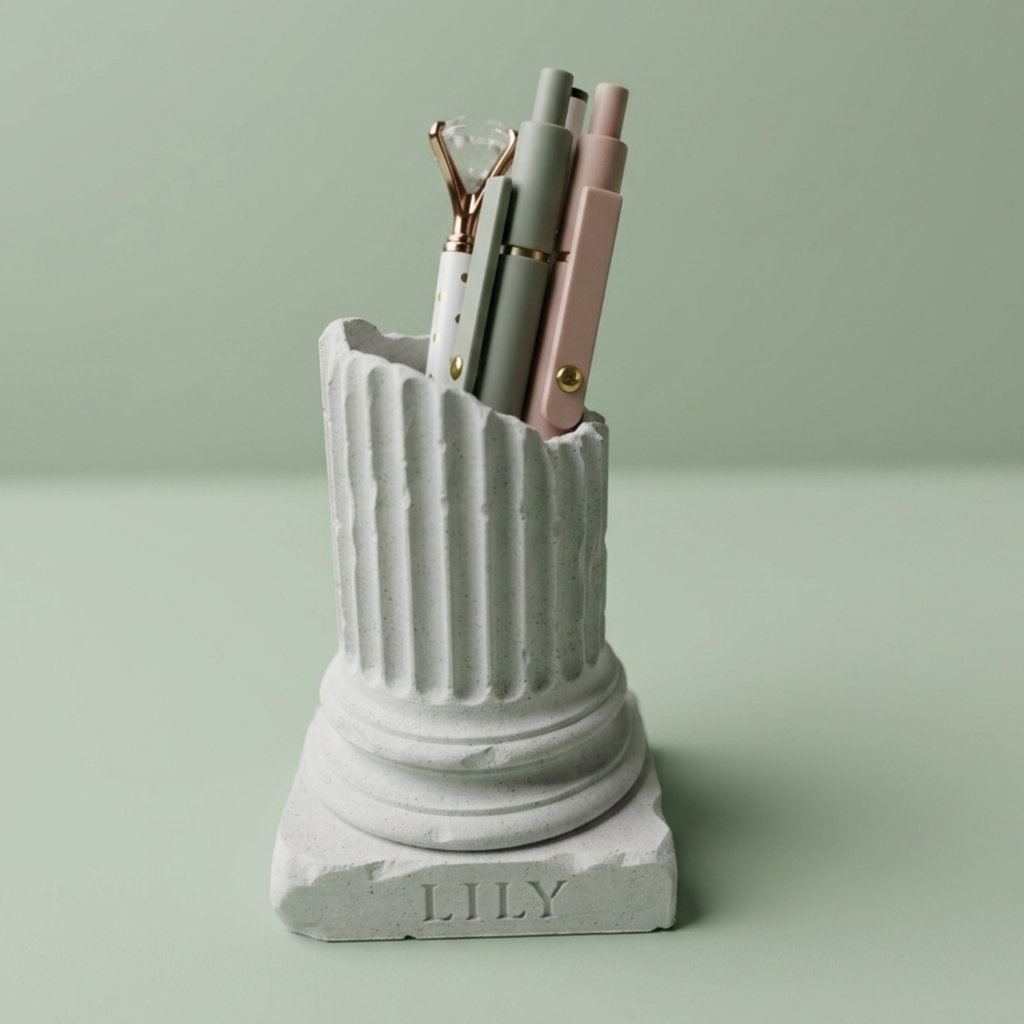 Personalized Greek column pencil holder engraved with a teacher's name and filled with pencils and pens, displayed as an elegant desk organizer for classrooms and offices.