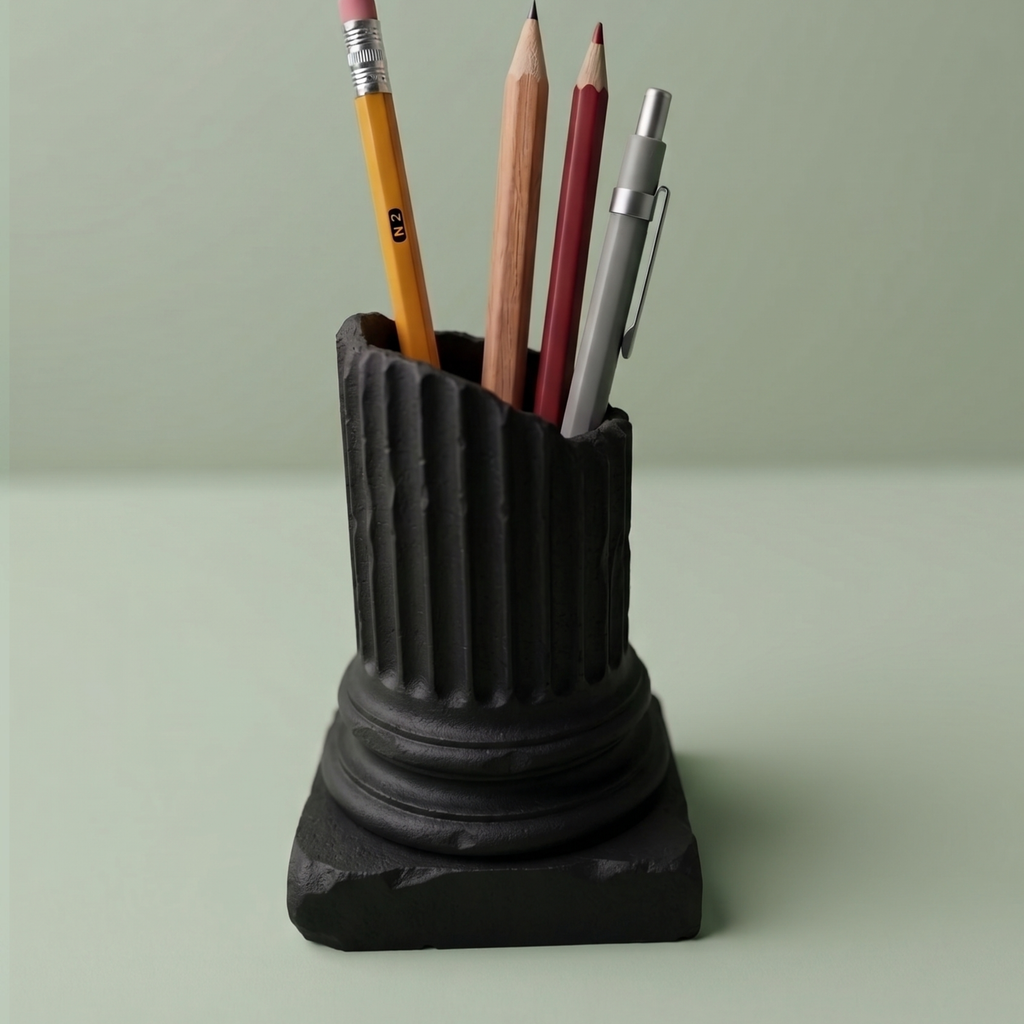 Custom engraved pencil holder featuring a classical column design used to organize writing utensils, markers, and school supplies on a teacher's desk.