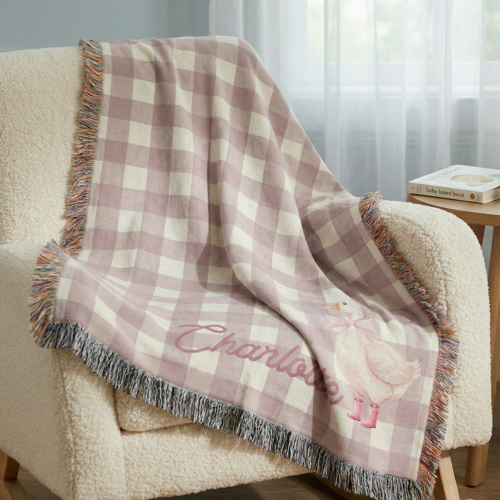 Baby Shower Gift Girl Personalized Baby Blanket Custom Name Embroidery Pink Gingham Pattern Watercolor Goose Pink Bow Detail Soft Cotton Woven Material Colorful Fringe Edges Nursery Bedding Essential Newborn Keepsake Present Premium Quality