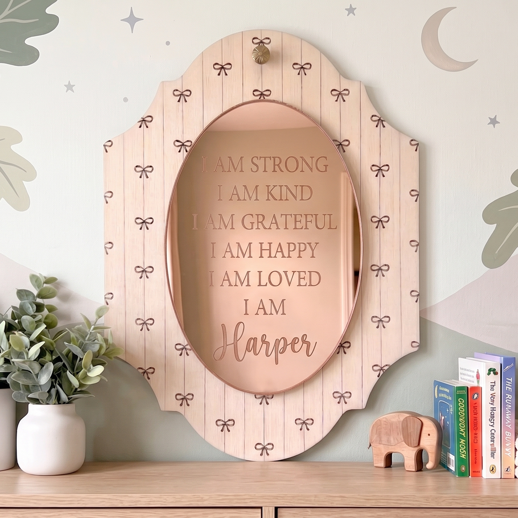 Wooden Affirmation Plaque Custom Name Sign Kids Positive Quotes Daily Motivation Tool Personalized Nursery Wall Art Strong Kind Grateful Happy Loved Statements Scalloped Edge Design Vertical Line Pattern Bow Details Bedroom Display