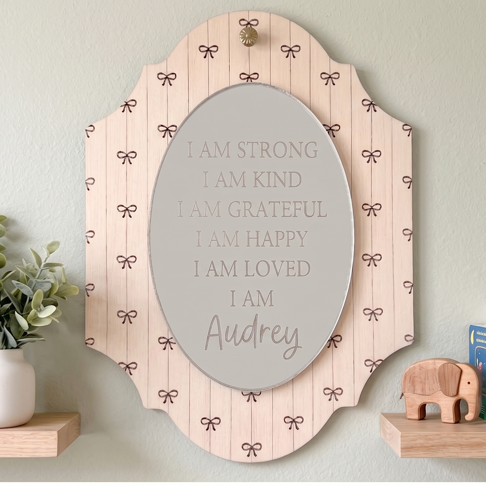 Nursery Wall Art Personalized Affirmation Sign Custom Name Wooden Plaque Kids Motivational Gift Positive Daily Quotes Strong Kind Grateful Happy Loved Statements Scalloped Edge Design Bow Details Bedroom Display Confidence Building Tool