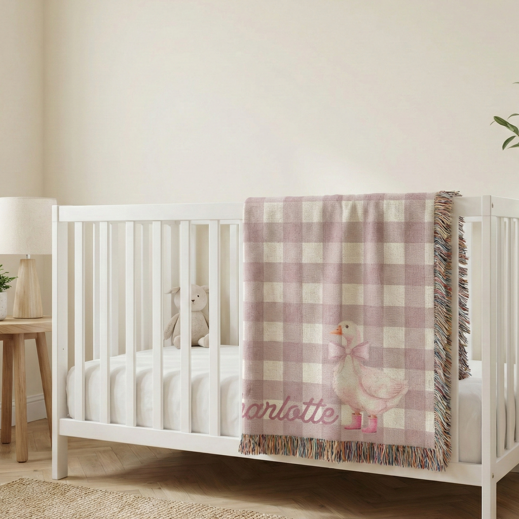 Custom Name Baby Blanket Girl Personalized Embroidery Pink Gingham Check Pattern Watercolor Goose Illustration Soft Cotton Woven Construction Colorful Fringe Edges Baby Shower Gift Essential Newborn Present Nursery Bedding Collection