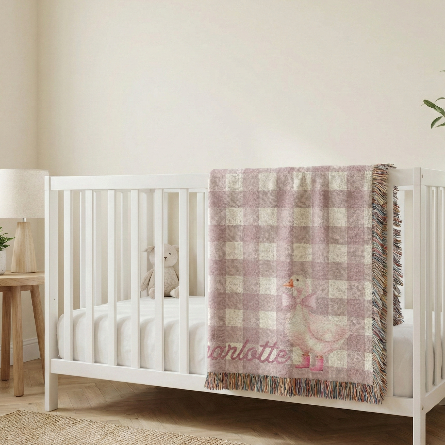 Custom Name Baby Blanket Girl Personalized Embroidery Pink Gingham Check Pattern Watercolor Goose Illustration Soft Cotton Woven Construction Colorful Fringe Edges Baby Shower Gift Essential Newborn Present Nursery Bedding Collection
