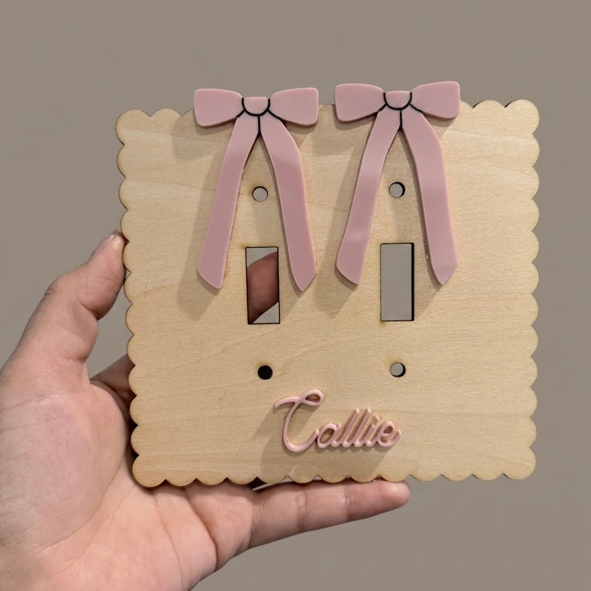 Custom Name Light Switch Cover Scalloped Wood Switch Plate with Acrylic Bow