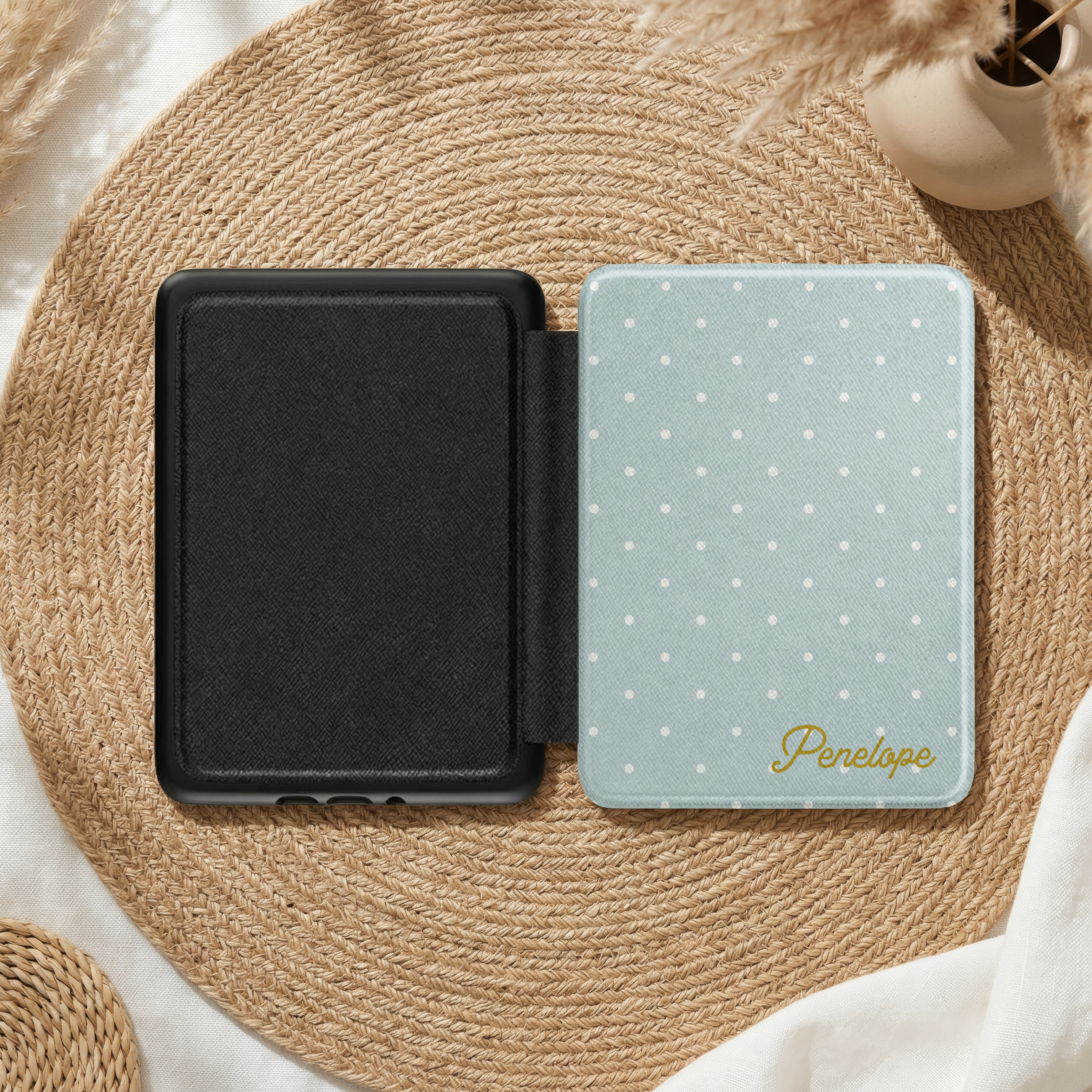 Custom Name Kindle Case Personalized Gold Script Design Sage Green Background Navy Blue Polka Dot Pattern Hand Strap Included Feature PU Leather Saffiano Texture Magnetic Closure Sleep Wake Function Soft TPU Protection Perfect Gift Book