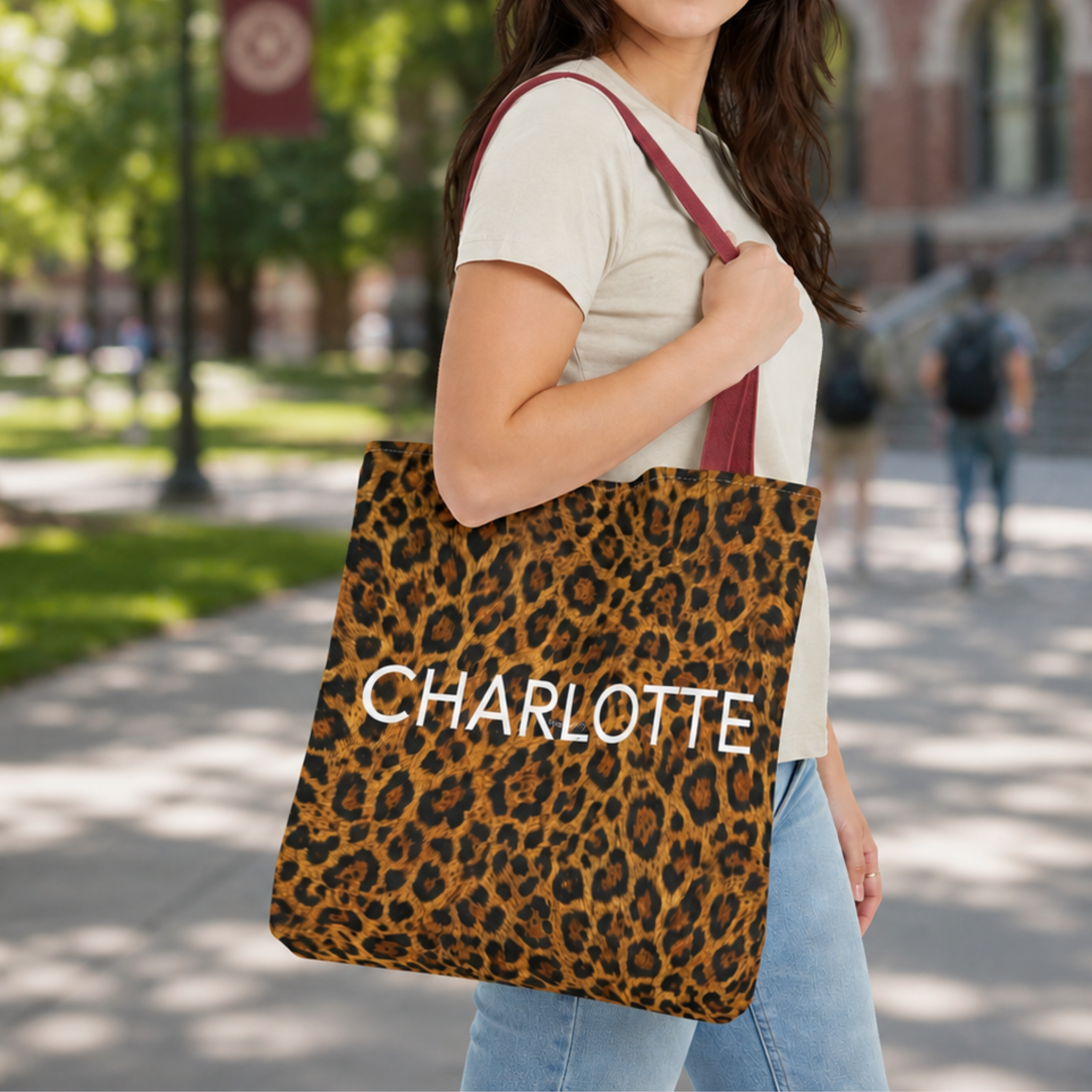 Personalized Tote Bag Custom Name Leopard Print Pattern Monogram Shopping Bag White Text Design Perfect Birthday Gift Bridesmaid Present Teacher Appreciation Fashionable Carryall Beach Bag Gym Storage Everyday Use Reusable Shopping Bag