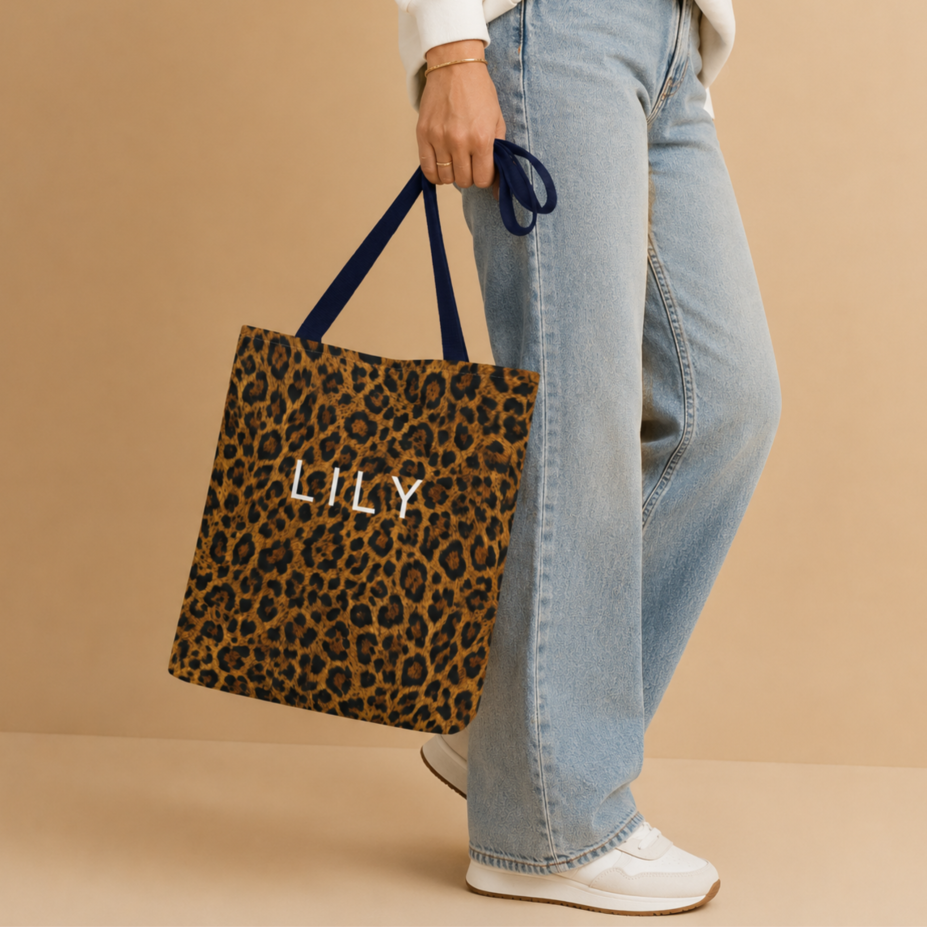 Custom Shopping Bag Personalized Name Tote Leopard Print Pattern Reusable Carryall Everyday Use Beach Bag Gym Storage Book Bag Monogram White Text Design Trendy Animal Print Fashionable Accessory Perfect Birthday Gift Teacher Present