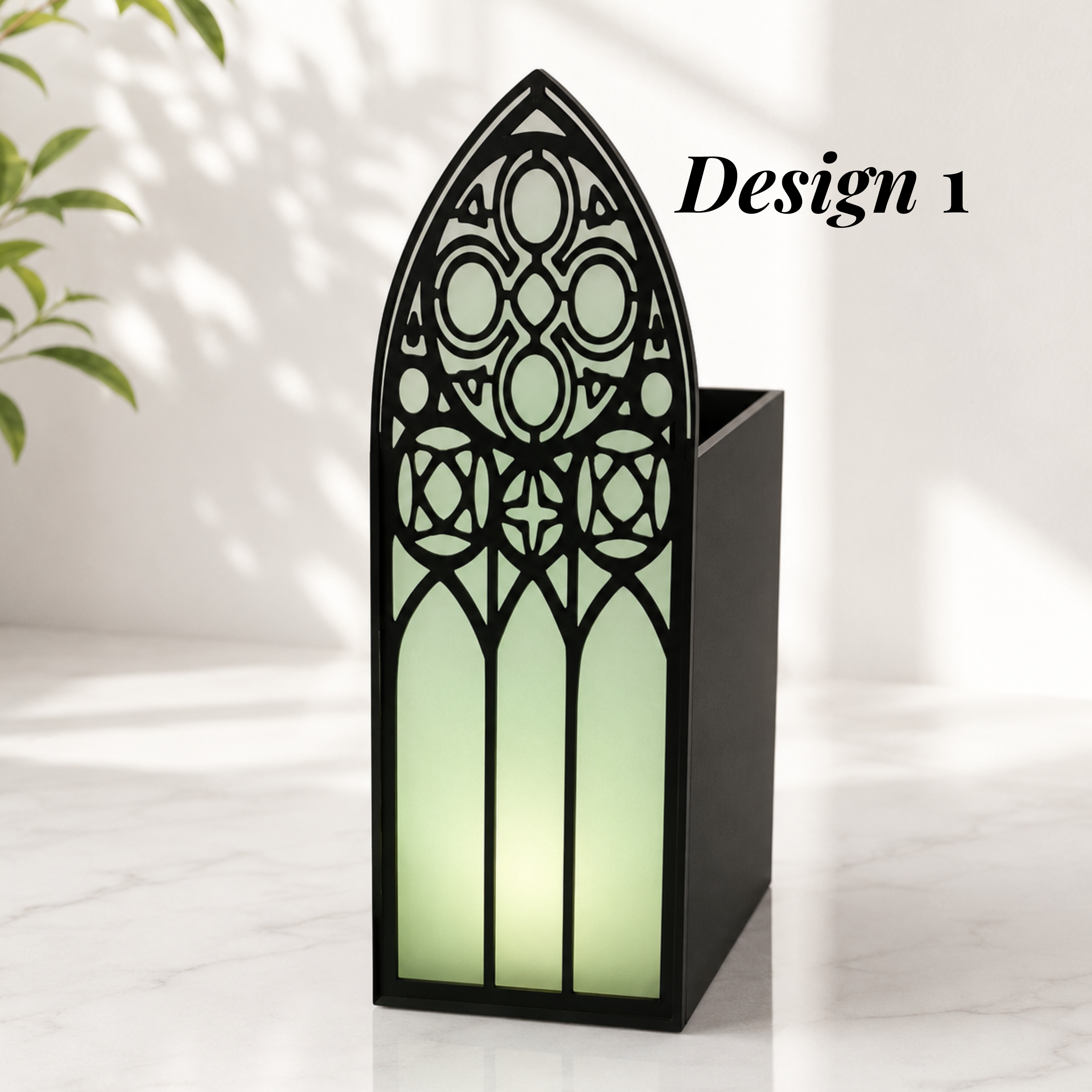 Cathedral Window Design Bookmark Organizer Gothic Stained Glass Holder Three Piece Collection Black Frame Construction Colored Glass Pattern Cup Holder Storage Perfect Reading Gift Book Lover Present Desk Display Accessories 3D Printed