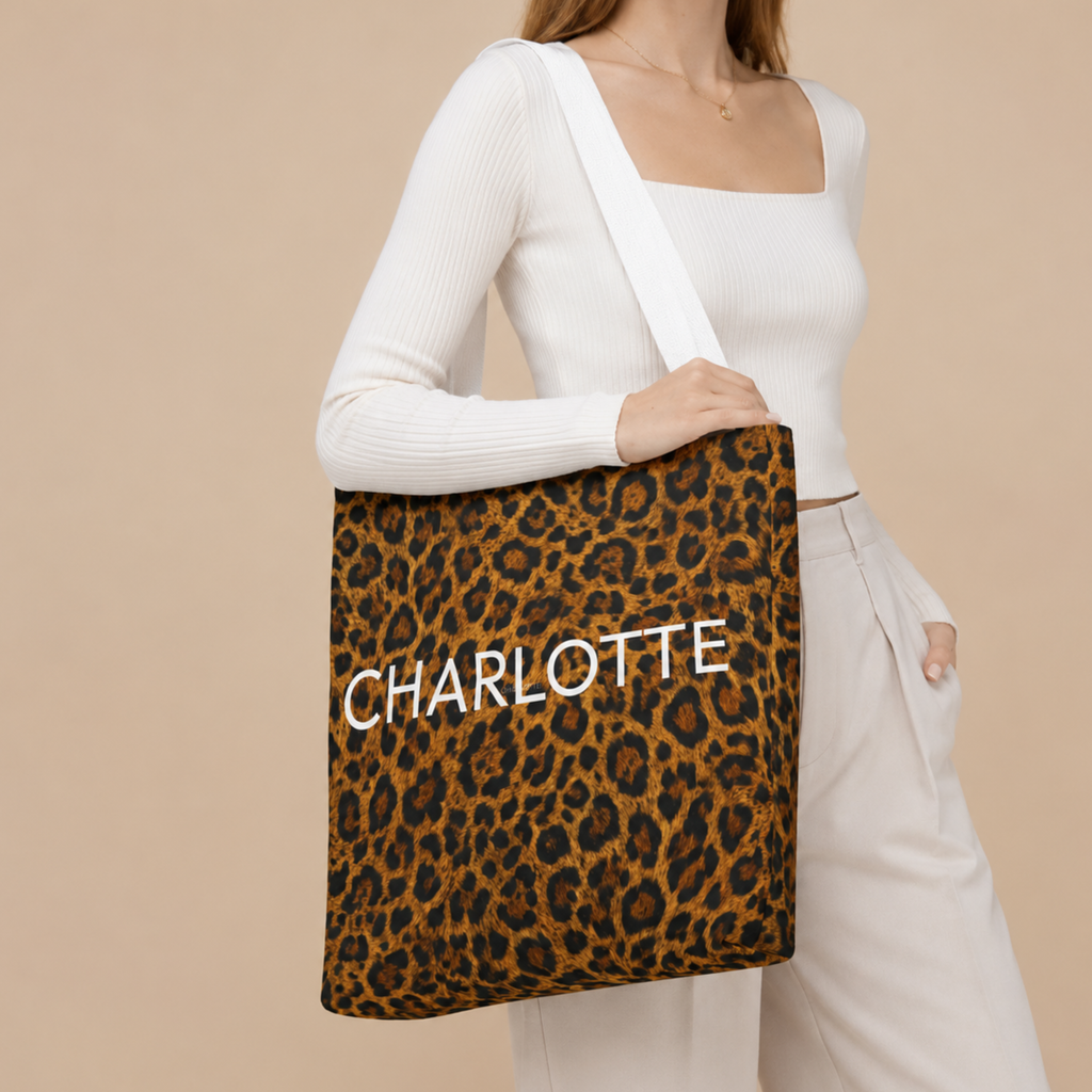 Monogram Tote Bag Custom Name Personalization White Text Design Leopard Print Pattern Fashionable Shopping Bag Durable Polyester Construction Cotton Handles Multiple Colors Spacious Carryall Beach Bag Gym Storage Perfect Gift Birthday
