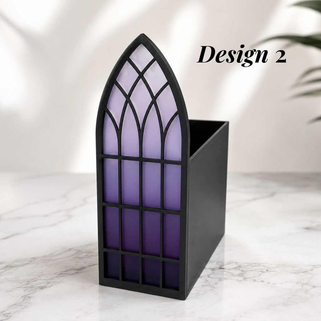 Book Lover Gift Gothic Bookmark Holder Cathedral Window Stained Glass Design Three Piece Set Collection Black Frame Colored Pattern Cup Holder Organization Perfect Reading Accessories Desk Display Medieval Architecture Inspired 3D Printed