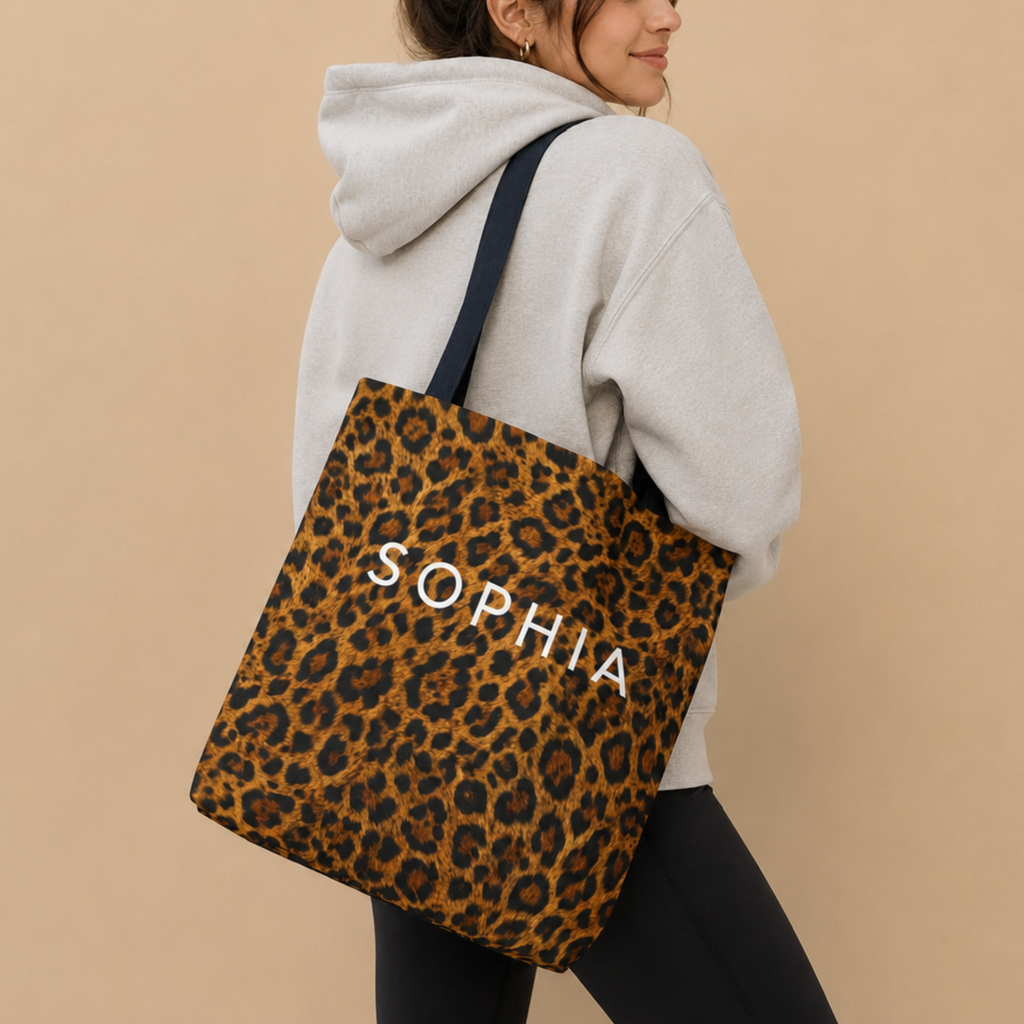 Personalized Tote Bag – Custom Name Leopard Print Monogrammed Shopper