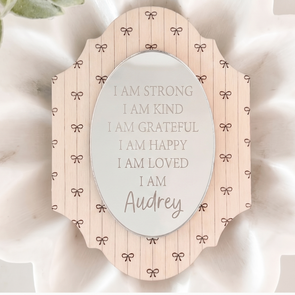 Personalized Affirmation Sign Custom Name Plaque Wooden Wall Art Kids Room Positive Daily Quotes Strong Kind Grateful Happy Loved Statements Scalloped Edge Design Bow Details Nursery Bedroom Motivation Tool Confidence Building Display